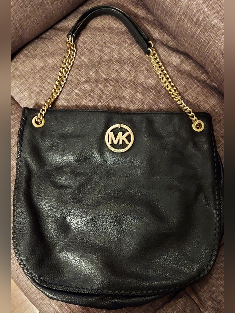 Michael Kors Black Leather Shoulder Bag with Gold MK Emblem